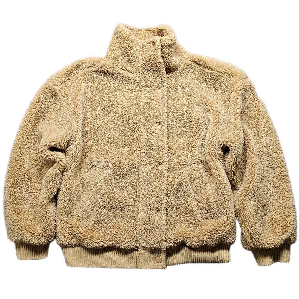 Alo Yoga Sherpa Varsity Jacket Camel Tan Beige Fleece Bomber Coat Flawless